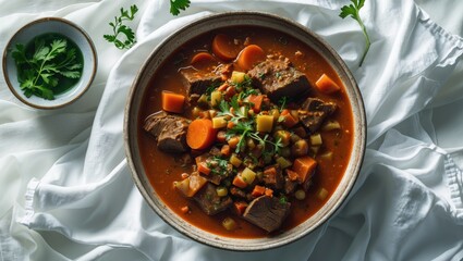 On a white background, a bowl of goulash with sauce accompanied by beef stew.