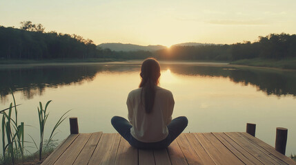 Fototapeta premium Young asian female meditating at sunset by a serene lake