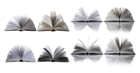 Open Books Displaying Pages in Various Angles and Positions, isolated on transparent background