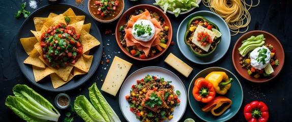 Mexican cuisine featuring various dishes, flat lay from above against a dark background. Nachos, tequila, guacamole, etc.