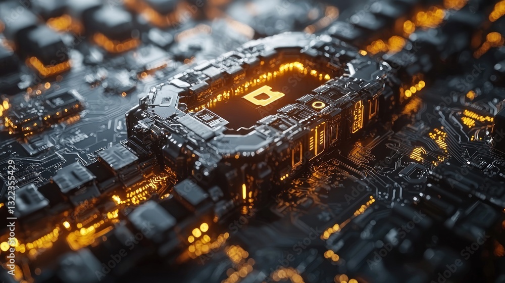 Poster futuristic cpu with glowing orange core on circuit board.