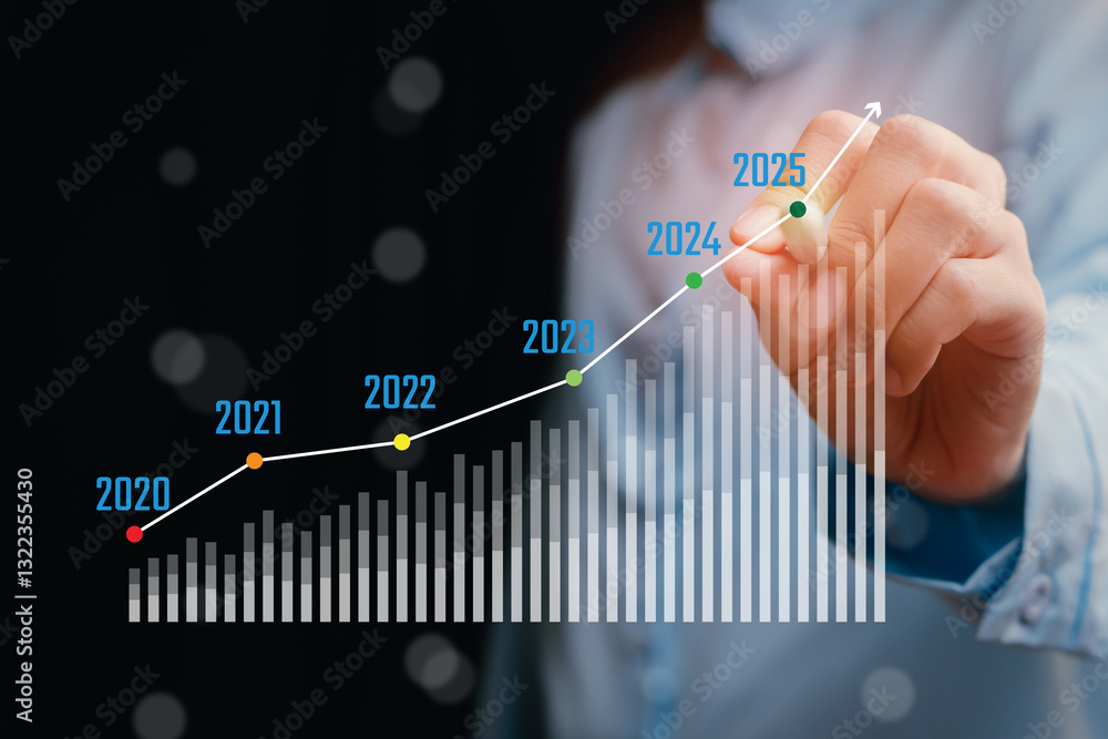 Poster business growth chart and progress tracking on a dark background with dates and graph elements, busi