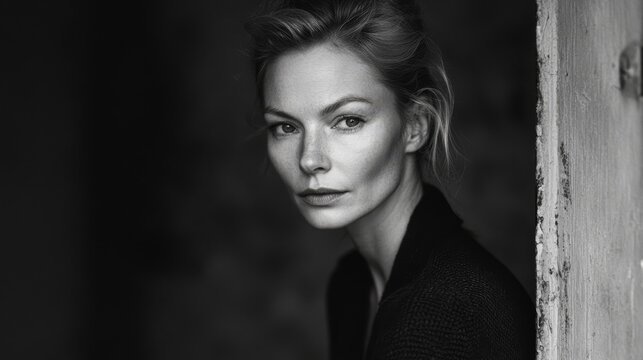 A reflective portrait in grayscale captures a moment of deep contemplation and subtle emotion.