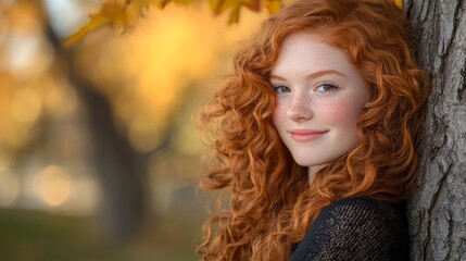 A young woman with red curls leans against a tree, embraced by warm autumn light and golden leaves.