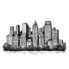 Obraz premium Intricate skyline illustration with plants showcasing urban life and architecture in a contemporary setting