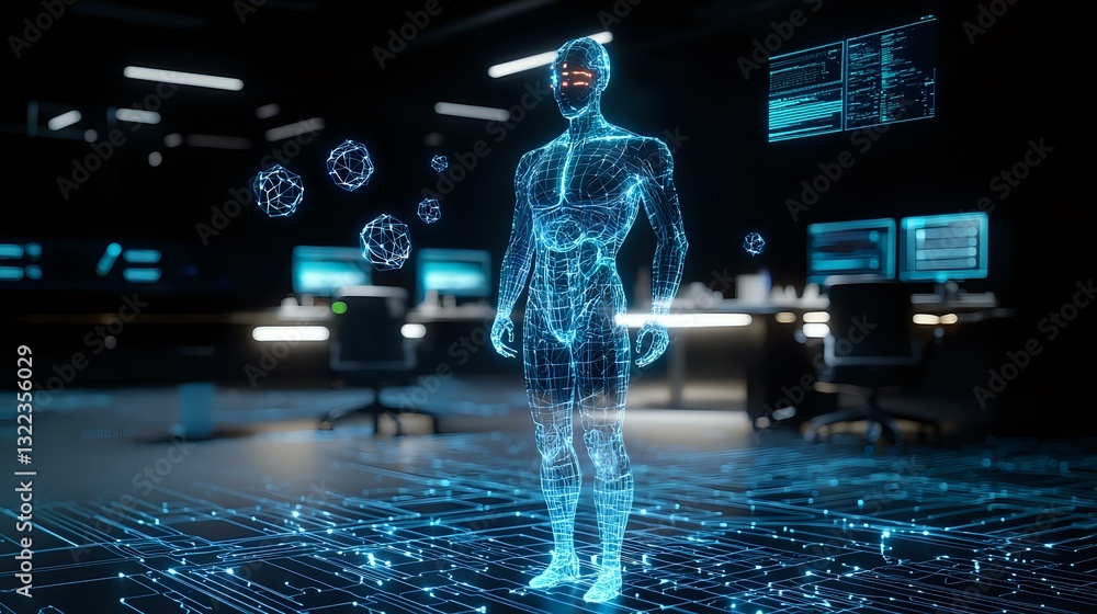 Poster futuristic hologram projection of male figure with digital grid and floating data elements in dark t