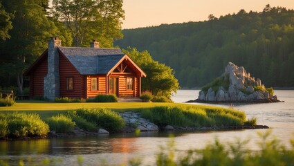 On a bright summer evening, a beautiful red wood log cabin home is observed on the coast, featuring a scene with a river or lake. There is a small rocky island nearby.