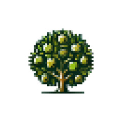 Fototapeta premium Pixel icon green tree. Tree logo with fruits vector. Pixel apple tree icon. Spring trees. Fruit tree vector icon pixel style. Stylish retro tree icon.