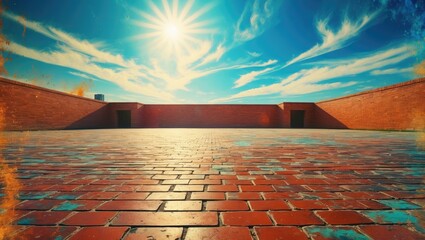 Modern cityscape featuring a vacant brick floor beneath a sunny sky.