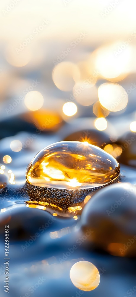 Poster golden water drop on dark surface with soft bokeh lights in background creates magical macro photogr