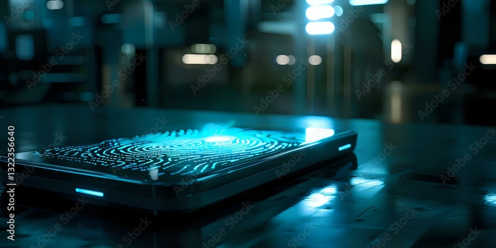 Poster glowing circuit board emits cyan light in dark environment, creating futuristic technological atmosp