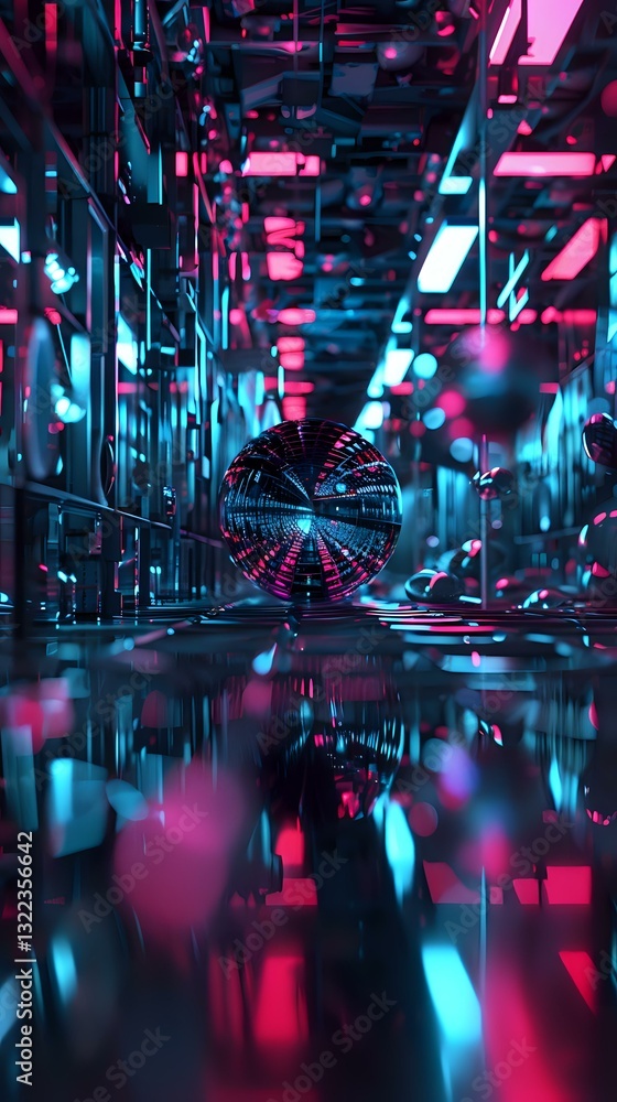 Poster Futuristic corridor with floating sphere reflecting neon pink and blue lights, creating dynamic patterns and reflections on wet surface. Perfect for sci-fi designs.