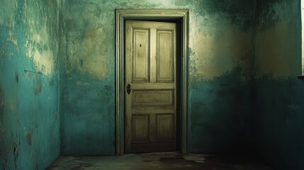 An old wooden door stands in a distressed turquoise room, evoking mystery and curiosity with its subtle light and textured walls.