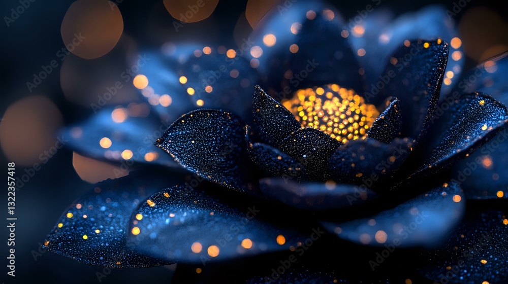 Poster magical dark blue flower petals with golden glowing sparkles and bokeh lights creating dreamy atmosp