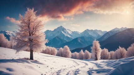 Fototapeta premium Mysterious winter landscape with majestic mountains and snow-covered trees. Photo greeting card featuring bokeh light effect and a soft filter.
