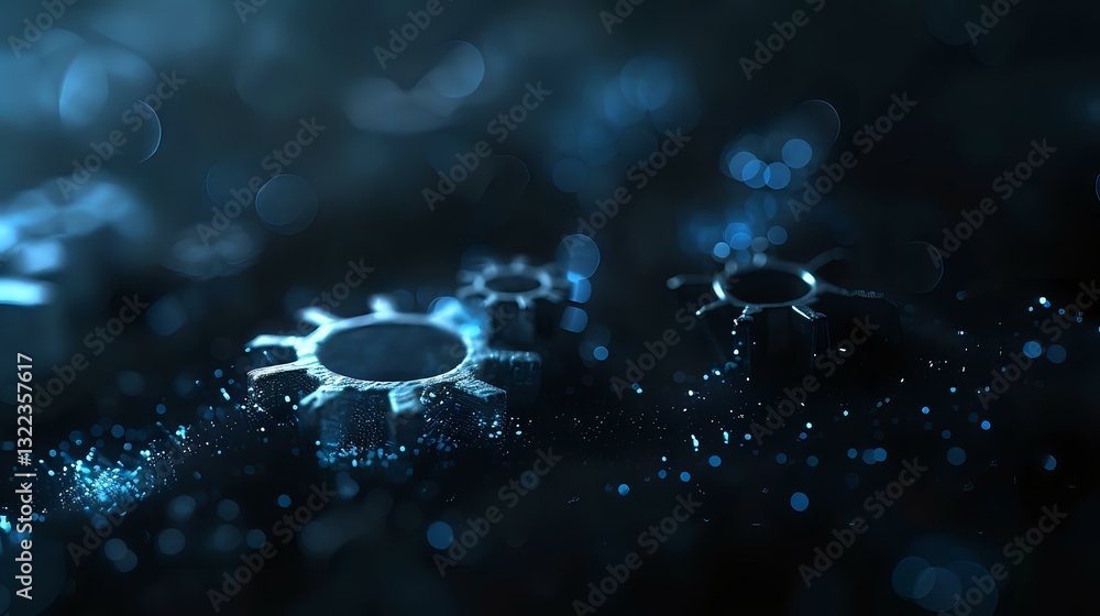 Poster glowing blue virus cell structure on dark background with bokeh light effects and particles, scienti