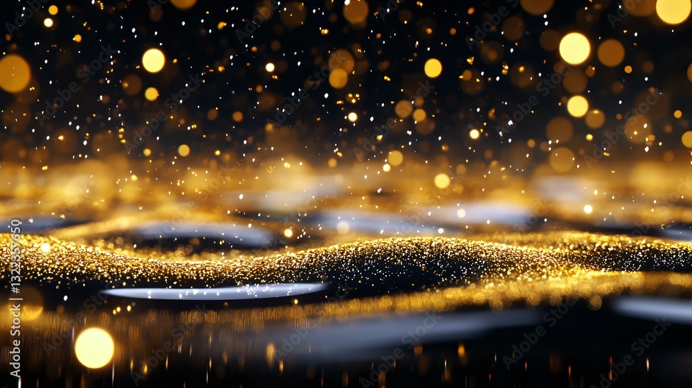 Poster magical golden glitter particles floating on dark background with bokeh lights and sparkles creating