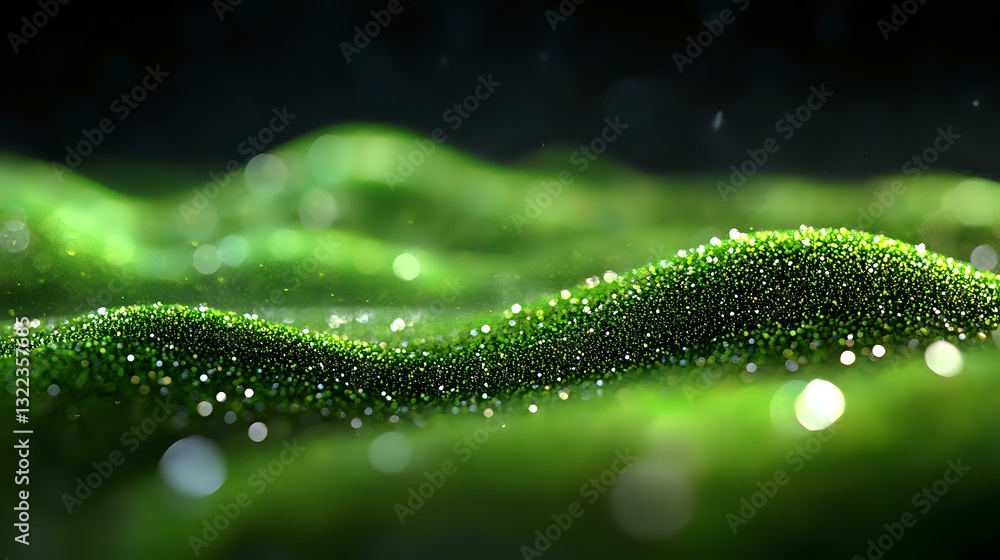 Poster glowing green particles flow in waves creating abstract luminous landscape with bokeh light effects 