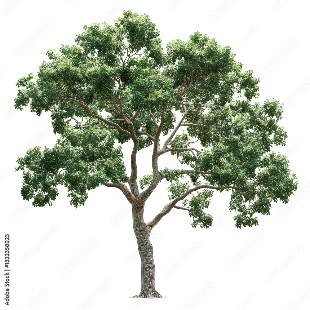 Poster beautiful branch with vibrant green leaves from a large tree isolated against a white background, is