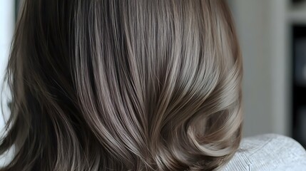 Naklejka premium Soft waves of ash brown and silver balayage hair styled in modern loose curls, showing detailed texture and natural movement from behind. For beauty and hair salon promotion.