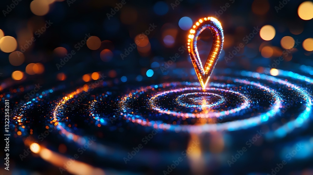 Poster Glowing location pin icon floating above luminous concentric circles with sparkles and bokeh lights in dark blue and orange tones, digital navigation concept.
