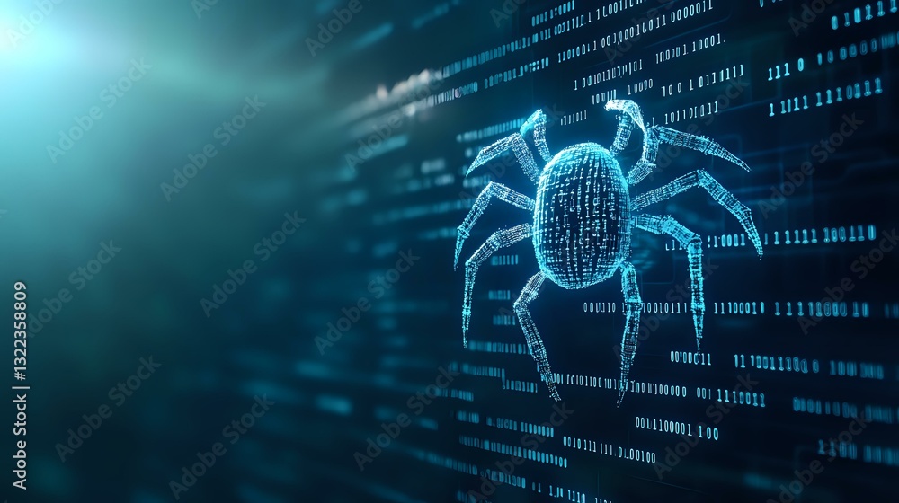 Poster digital spider made of binary code on dark background with glowing blue light effect represents cybe