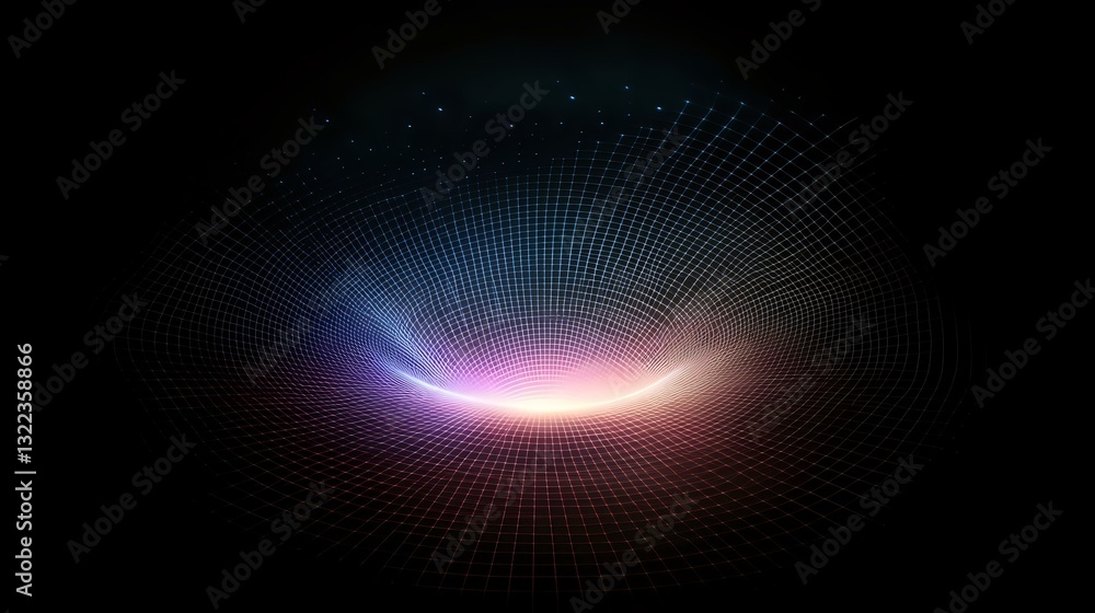 Poster futuristic digital tunnel with glowing pink and blue light effect on black background, abstract tech