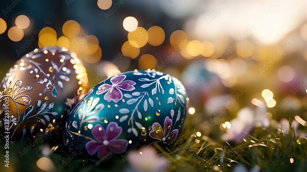 Poster decorated easter eggs with floral patterns and ornate designs on natural grass background with golde