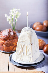 Curd paskha, Easter kulich and painted eggs, traditional Easter symbols consecrated in the church.