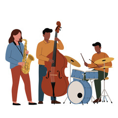 Jazz musicians performing lively music in flat style vector illustration