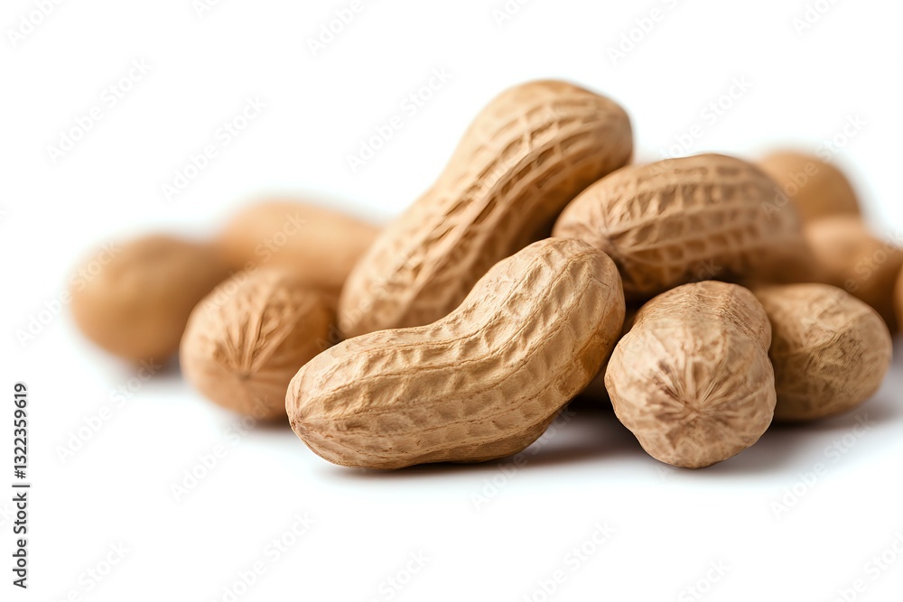 Poster raw peanuts in shells scattered on white background, macro view with selective focus and natural lig