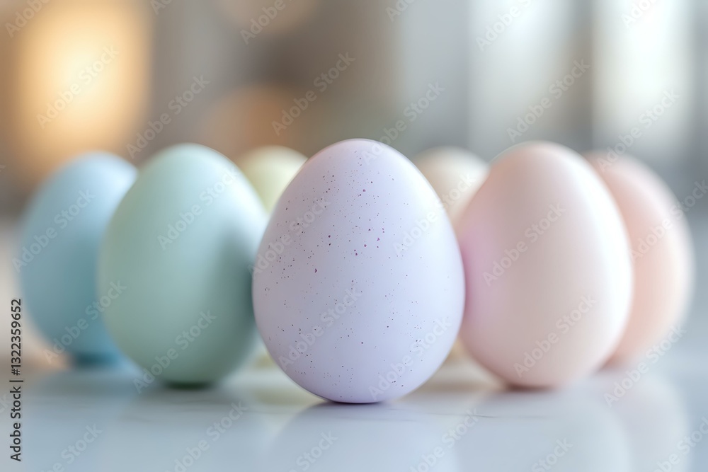 Aufkleber pastel colored easter eggs in soft focus arranged in row on white surface with gentle bokeh backgrou