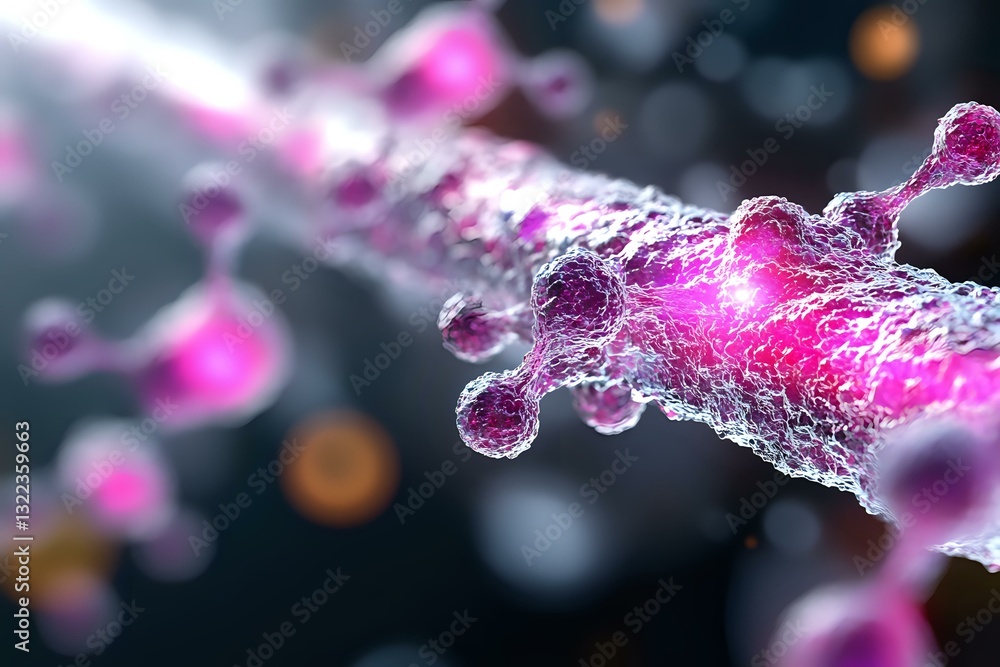 Poster microscopic view of nerve cells with glowing pink synapses and neural connections on dark background