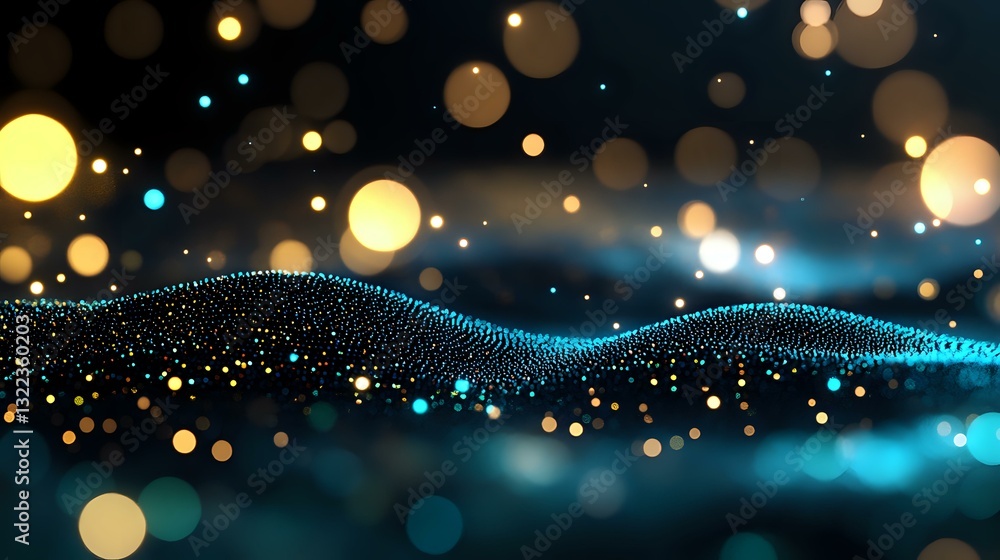 Poster abstract glowing wave of connected particles with golden bokeh lights on dark background creates mag