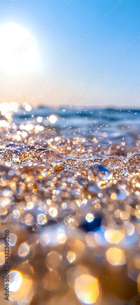 Aufkleber sparkling ocean waves catch golden sunlight creating magical bokeh effect on water surface, macro cl