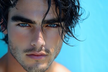 Young Mediterranean male model with intense blue eyes and tousled dark hair against turquoise background, displaying strong facial features and natural stubble.
