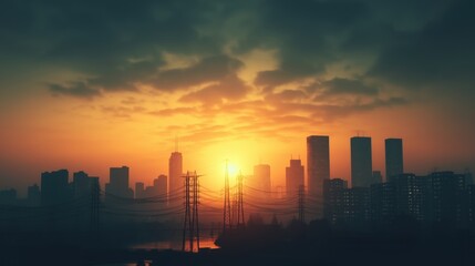 Fototapeta premium Stunning sunset over a city skyline with power lines and electricity transmission towers
