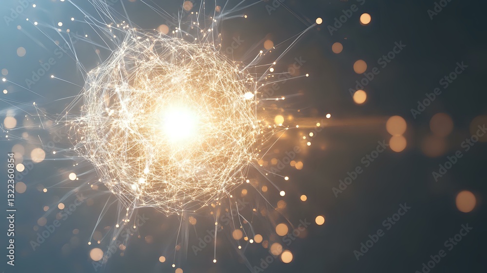 Poster glowing network sphere with connected dots and lines radiates light against dark background, creatin