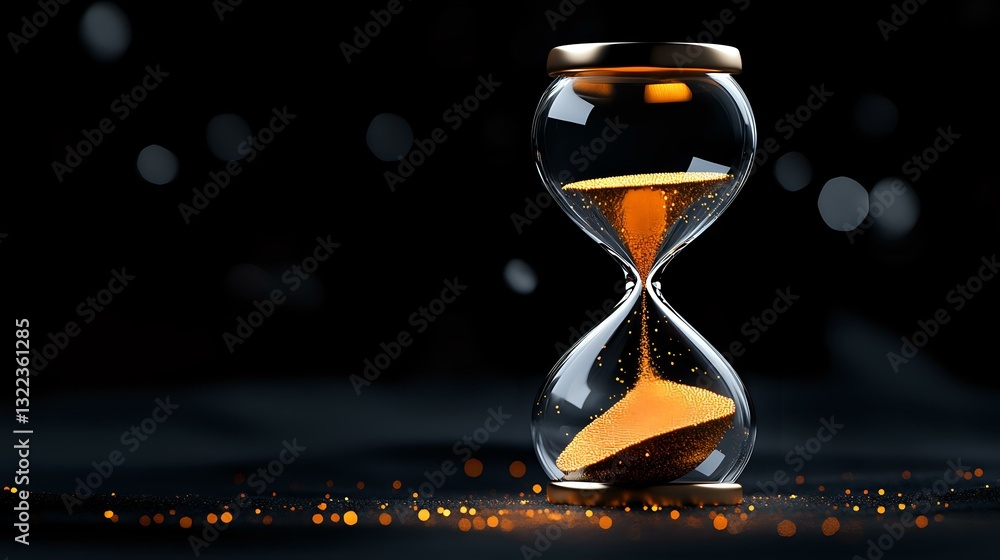 Poster glowing hourglass with golden sand against dark background with bokeh lights, measuring passing time