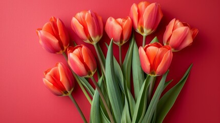 Obraz premium Beautiful Bouquet of Tulips in Orange and Rich Red Colors for Holiday Greetings and Celebrations
