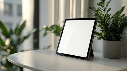 A tablet computer, its blank white screen reflecting the soft glow of the room, rests upon a pristine white table, ready for the next creation. A clean clipping path allows for easy isolation of the
