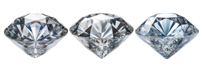 Elegant Collection of Three Brilliantly Cut Clear Diamonds Displayed, Isolate on Transparent Background