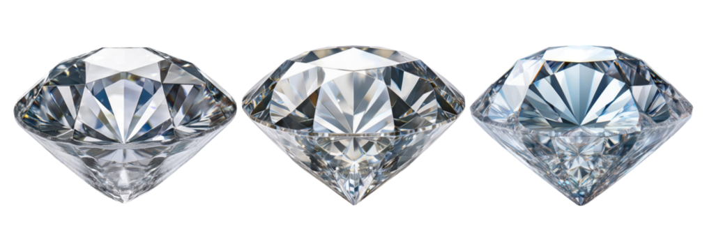 Elegant Collection of Three Brilliantly Cut Clear Diamonds Displayed, Isolate on Transparent Background