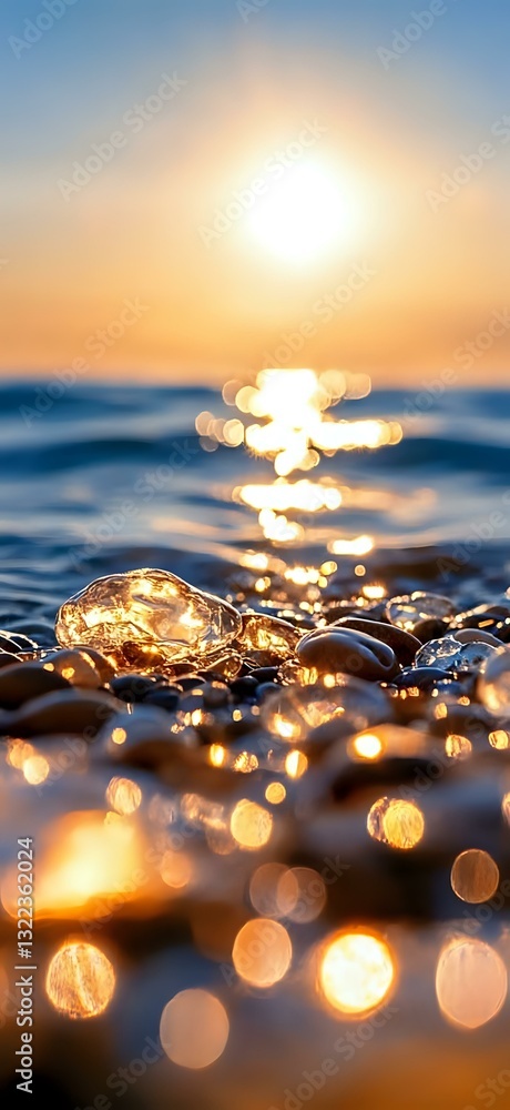 Poster sunlight reflecting on wet pebbles and ocean waves creates magical bokeh effect during golden hour s