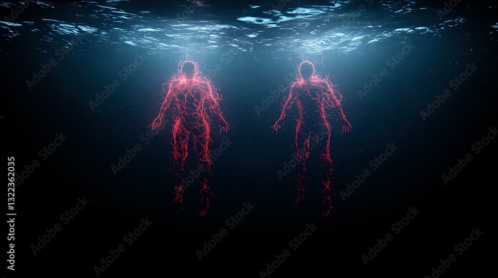Poster glowing red silhouettes of two human figures floating underwater against dark blue ocean background 