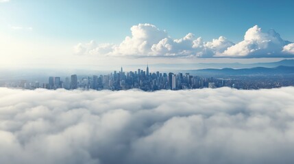 Skyline of big cities emerging from the clouds at sunrise with dramatic sunlight illuminating buildings