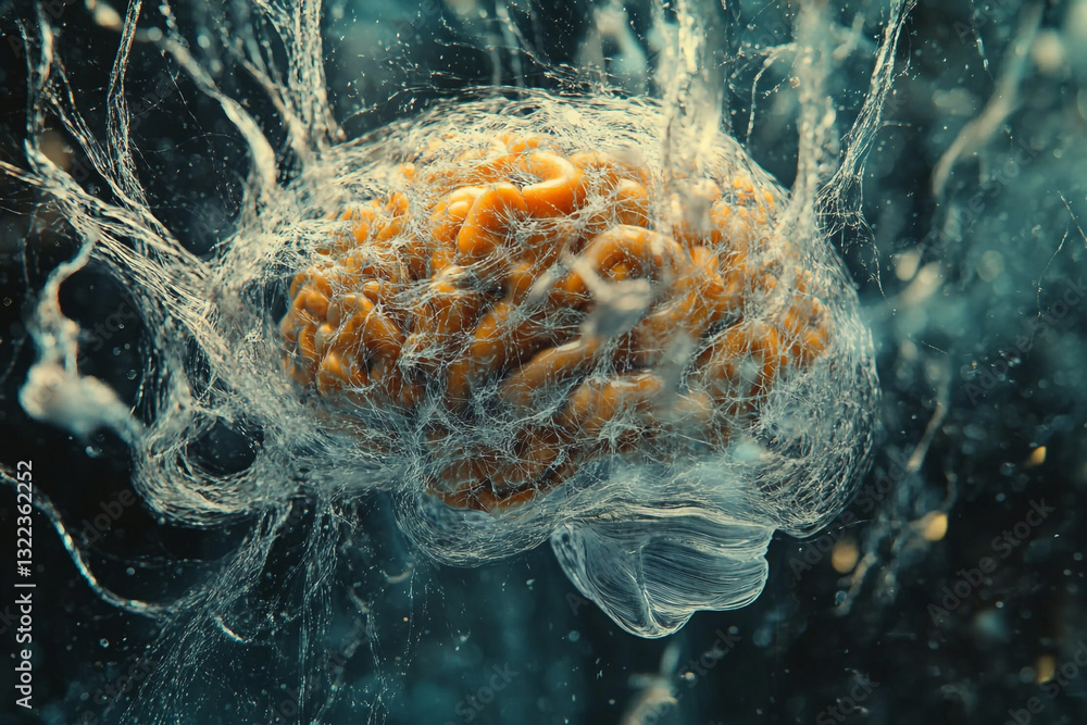 Aufkleber abstract brain encased in intricate web artistic neural network concept 3d mind idea blue dark desig