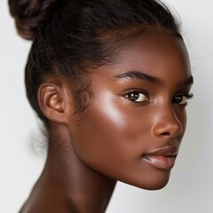 Beautiful Brown Skin Color Woman With Hair Pulled Up Against White Background