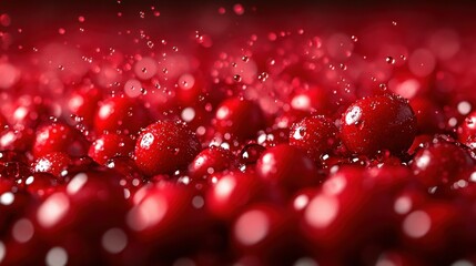 Red berries with water droplets, glossy, blurred depth-of-field background
