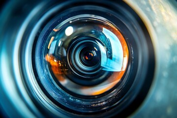 Close-up of a fisheye camera lens positioned inside an industrial water pipe, showcasing intricate details and textures from a top view perspective.